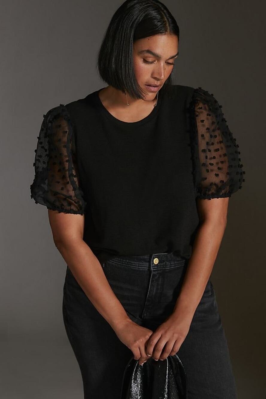 Maeve by Anthropologie Black Peplum Sheer Sleeve Blouse Size Medium